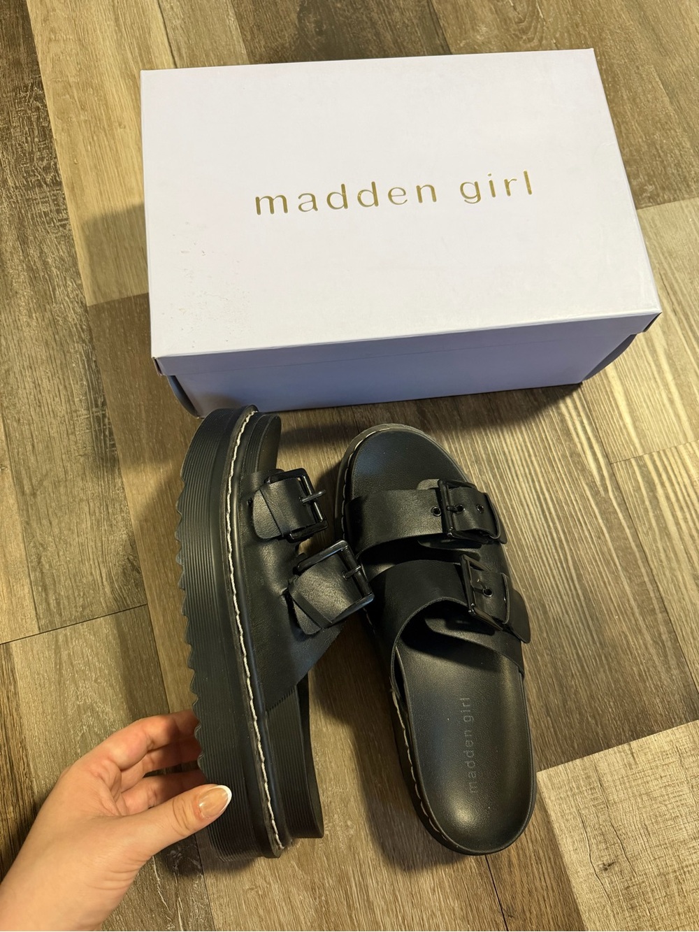 Madden Girl Black Double-Buckle Platform Platform Slide Sandal